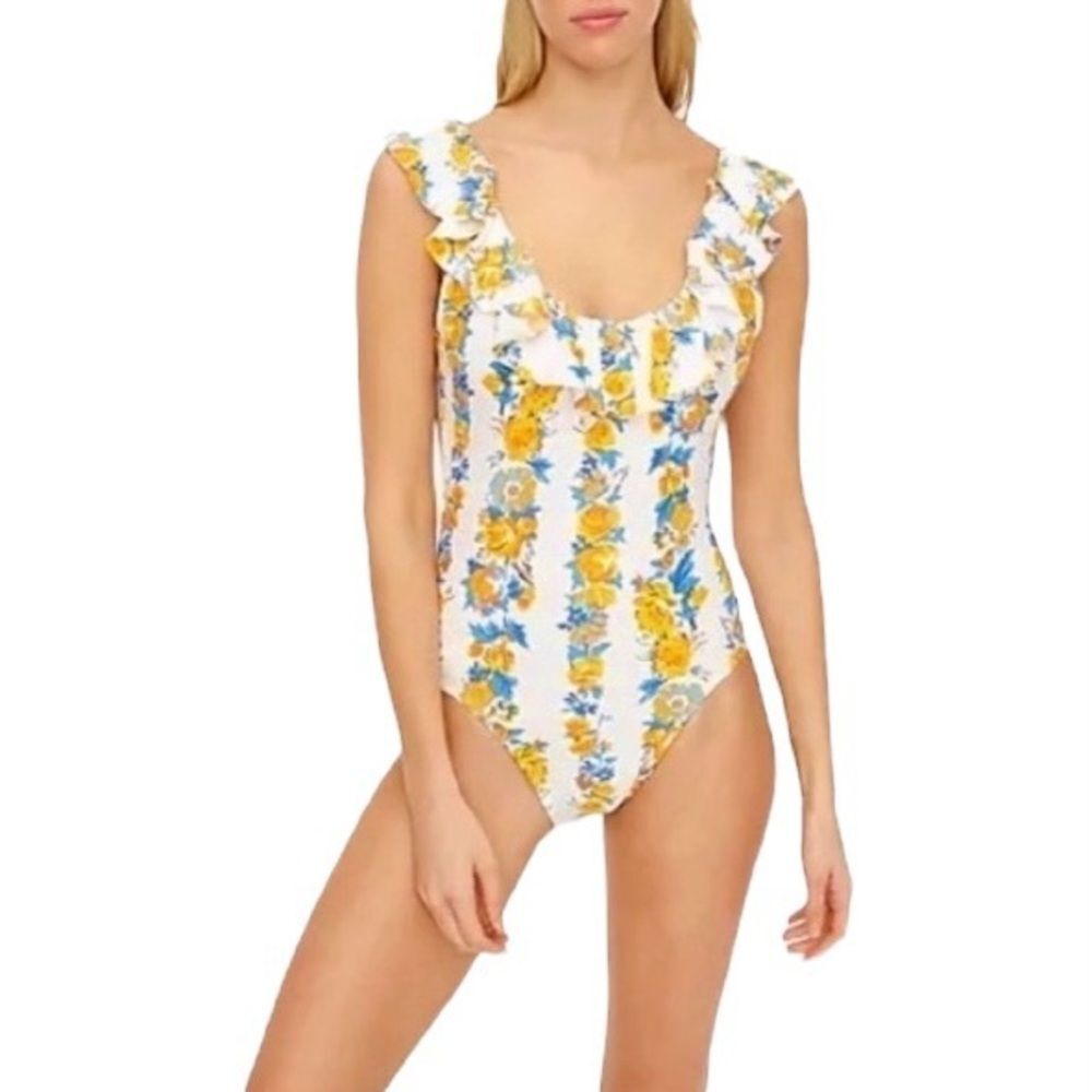 J. Crew Ruffle Scoop Back Blossom Stripe One-Piece Yellow Blue Floral Swimsuit 2